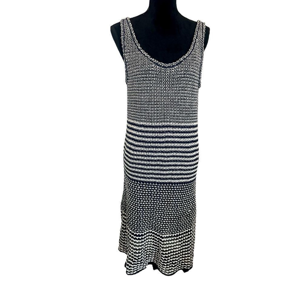 NWT J.CREW WOMENS MIDI KNIT NAVY BLUE IVORY SLEEVELESS SUMMER DRESS SIZE M‎